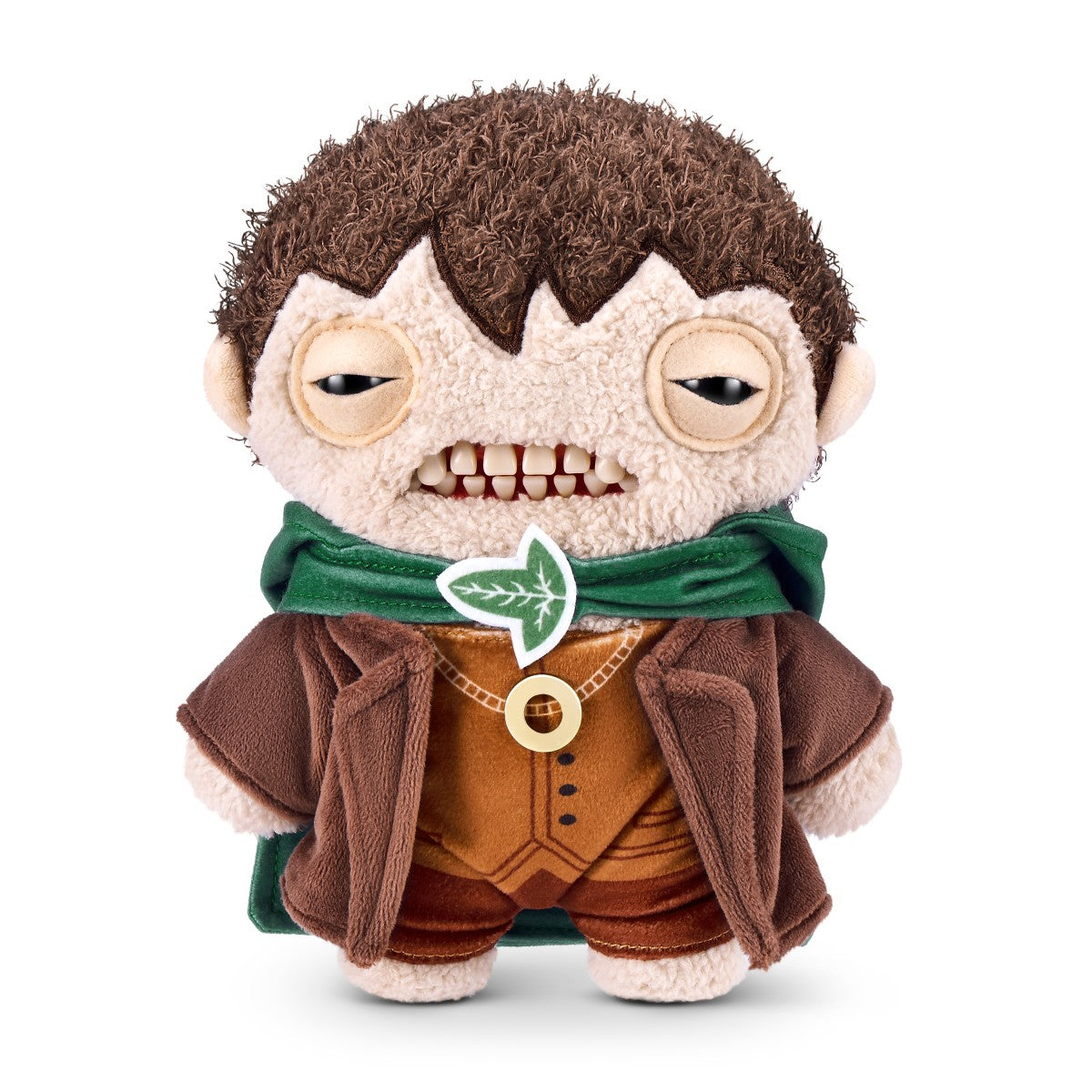 FUGGLER Soft Plush Toy styled as a hobbit with brown outfit, green cloak, and ring necklace. A fantasy plush for collectors.